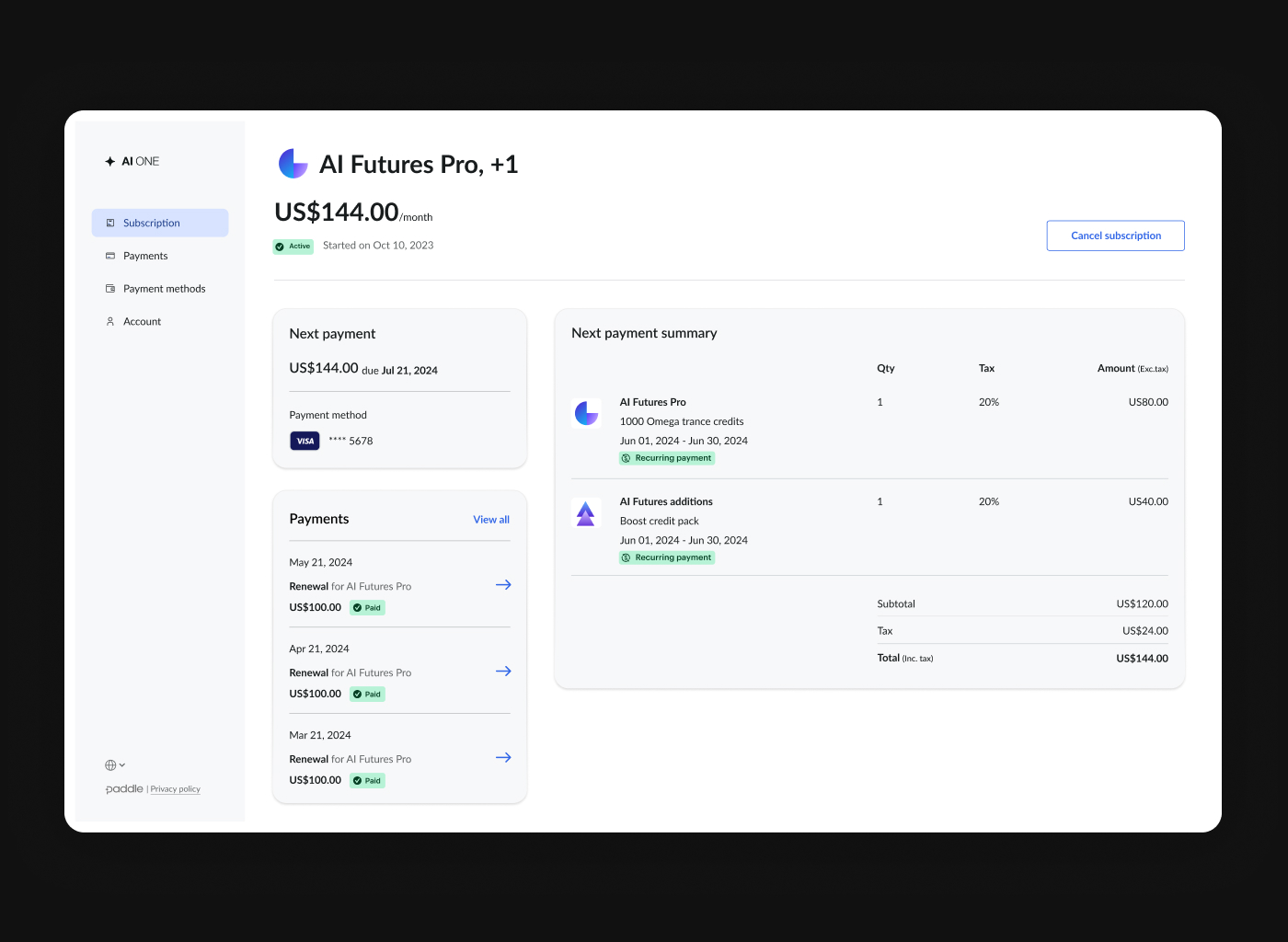 Portal home — subscription overview and quick actions