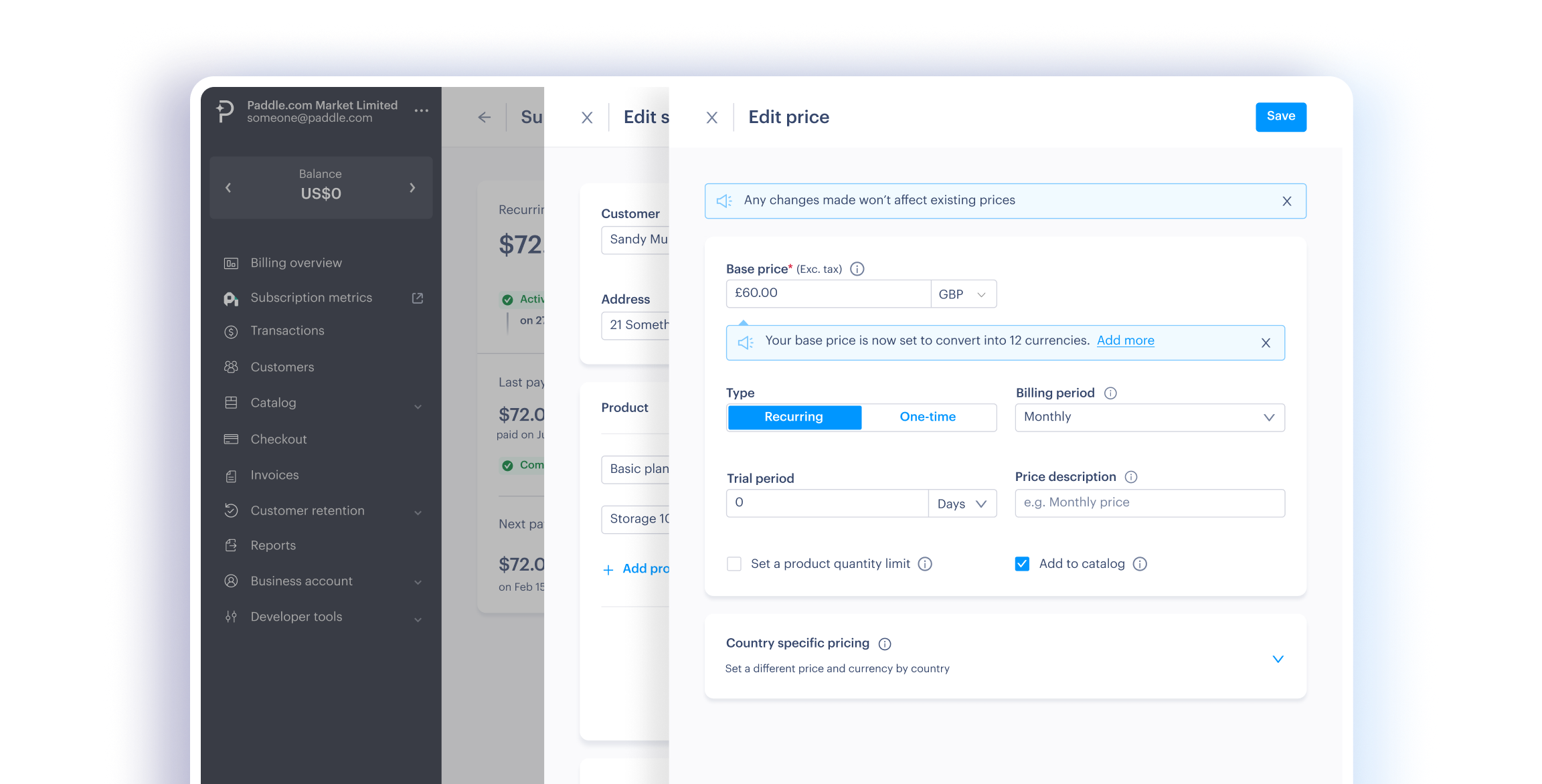 Paddle Subscription Management Interface